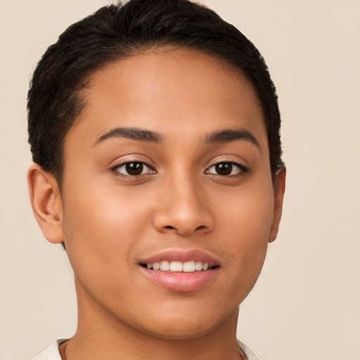 Joyful white young-adult female with short  brown hair and brown eyes