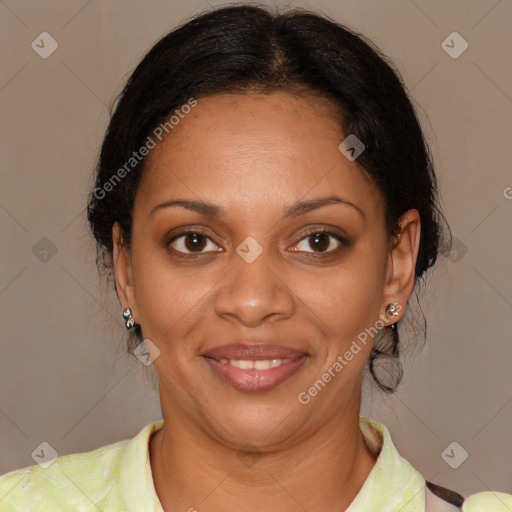 Joyful black young-adult female with medium  brown hair and brown eyes