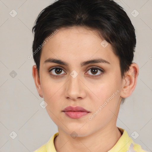 Neutral white young-adult female with short  brown hair and brown eyes