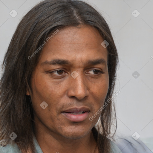 Joyful white adult male with medium  brown hair and brown eyes