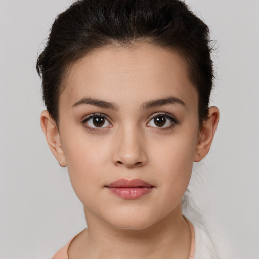 Neutral white young-adult female with short  brown hair and brown eyes