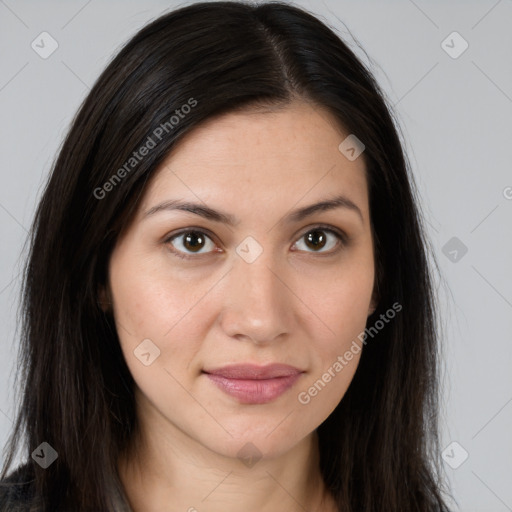 Joyful white young-adult female with long  brown hair and brown eyes