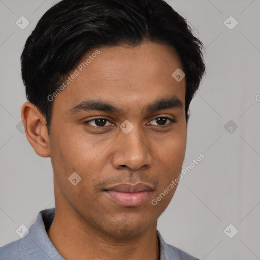 Neutral latino young-adult male with short  brown hair and brown eyes