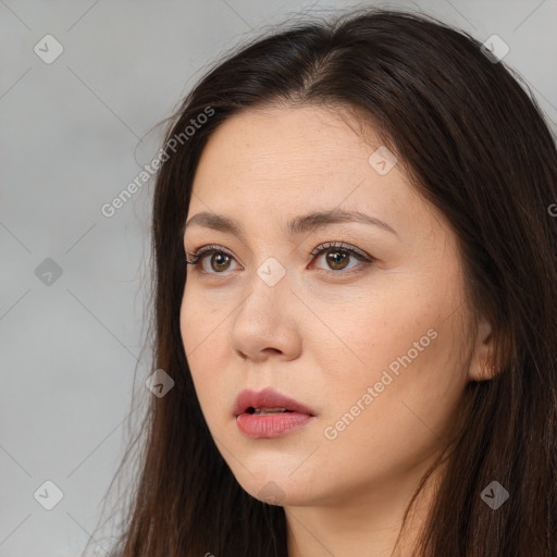 Neutral white young-adult female with long  brown hair and brown eyes