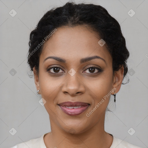 Joyful latino young-adult female with short  black hair and brown eyes