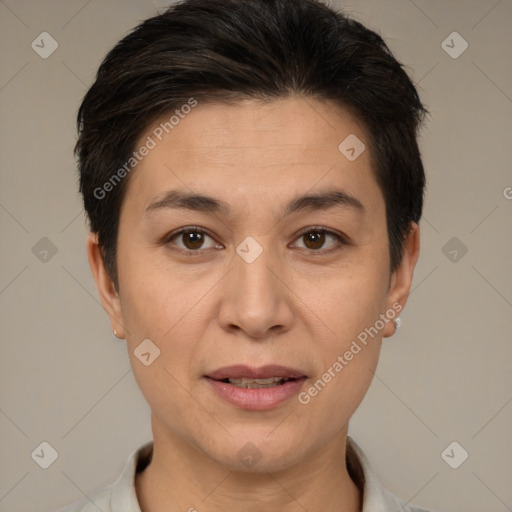 Joyful white adult female with short  brown hair and brown eyes