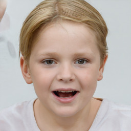 Joyful white child female with short  brown hair and brown eyes