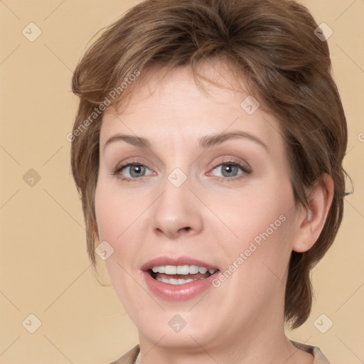 Joyful white young-adult female with medium  brown hair and grey eyes