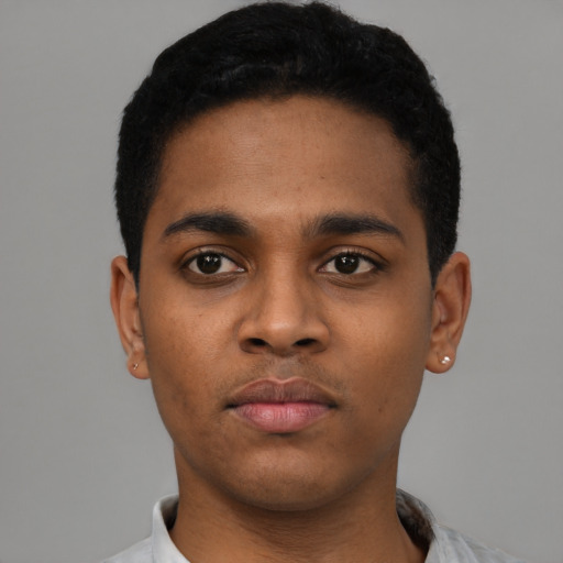 Neutral black young-adult male with short  black hair and brown eyes