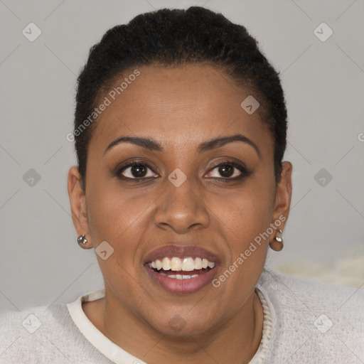 Joyful black young-adult female with short  brown hair and brown eyes