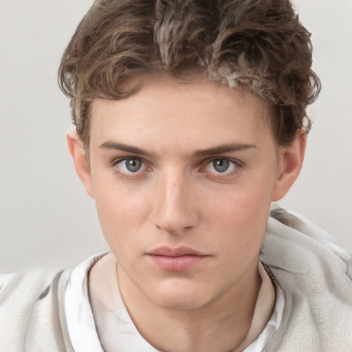 Neutral white young-adult male with short  brown hair and grey eyes