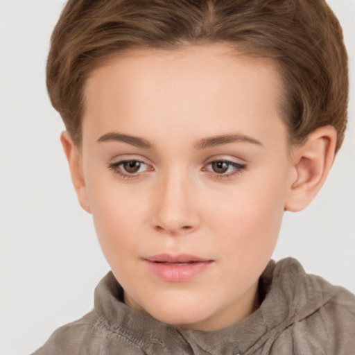 Neutral white young-adult female with short  brown hair and brown eyes