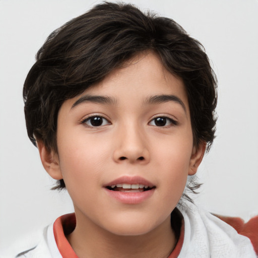 Joyful white child female with short  brown hair and brown eyes