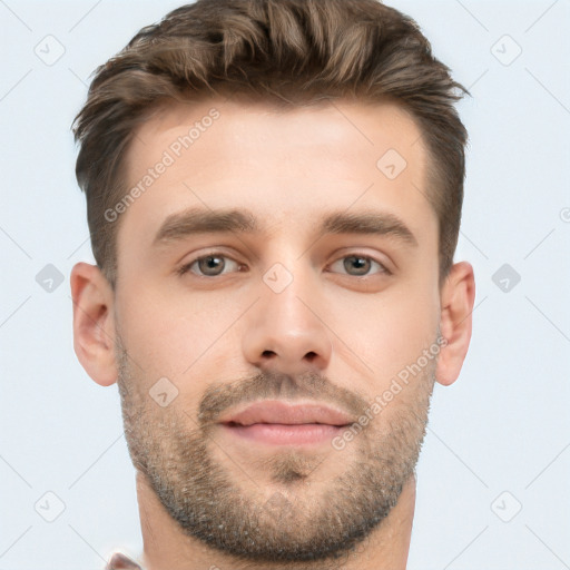 Neutral white young-adult male with short  brown hair and brown eyes