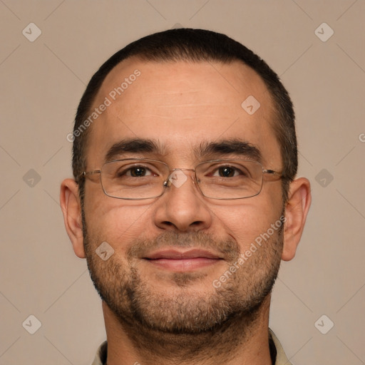 Joyful white adult male with short  brown hair and brown eyes