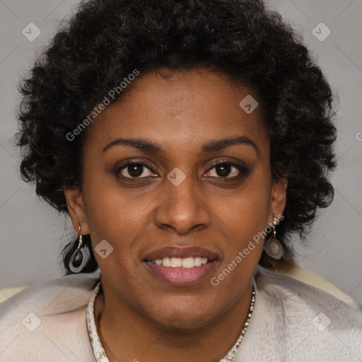 Joyful black young-adult female with long  brown hair and brown eyes