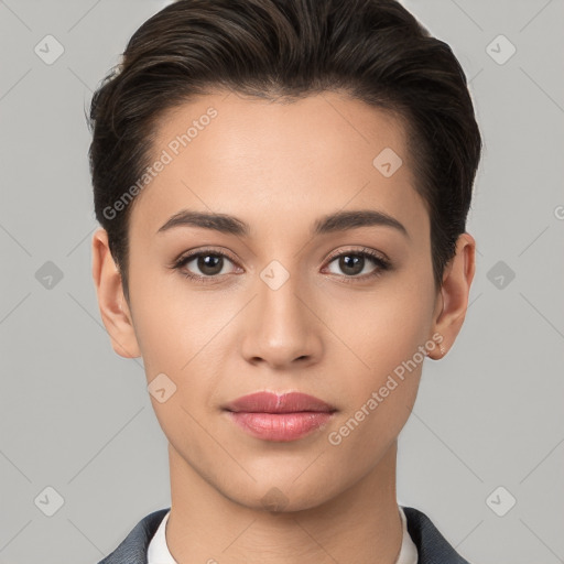 Joyful white young-adult female with short  brown hair and brown eyes