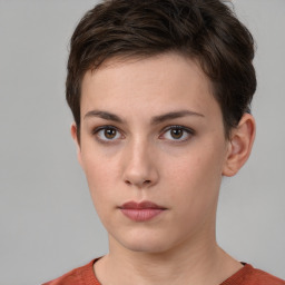 Neutral white young-adult female with short  brown hair and brown eyes