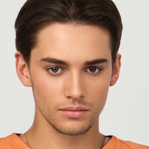 Neutral white young-adult male with short  brown hair and brown eyes