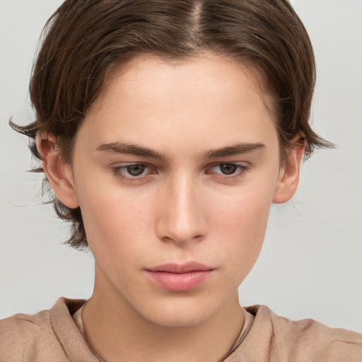 Neutral white young-adult female with short  brown hair and brown eyes