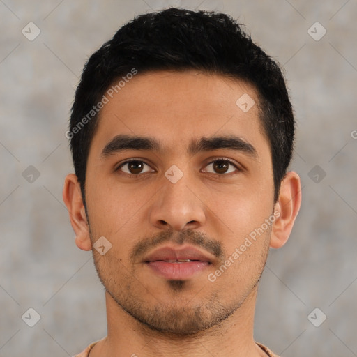 Neutral latino young-adult male with short  black hair and brown eyes