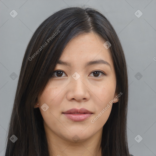 Joyful asian young-adult female with long  brown hair and brown eyes