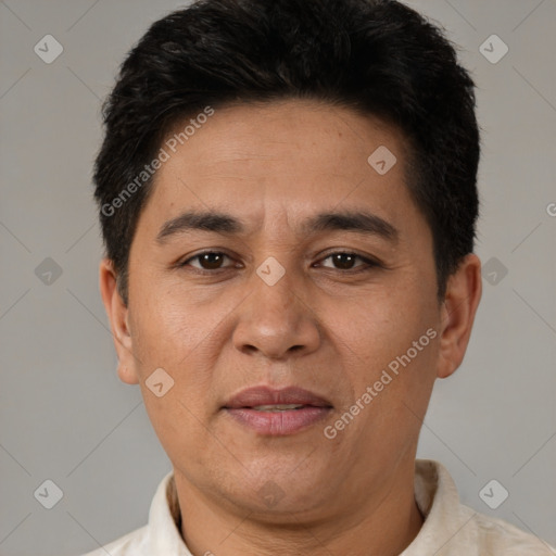 Joyful white adult male with short  brown hair and brown eyes