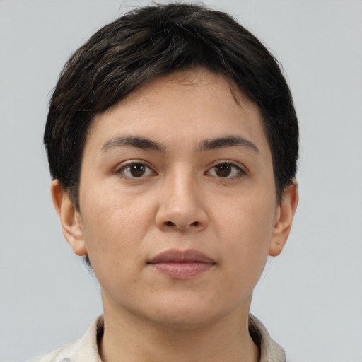 Neutral white young-adult female with short  brown hair and brown eyes