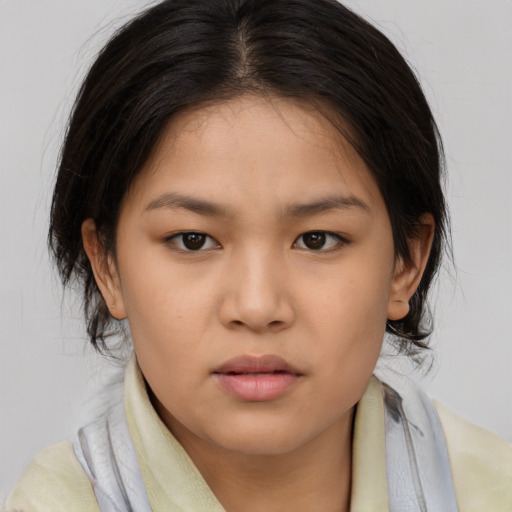 Neutral asian young-adult female with medium  brown hair and brown eyes