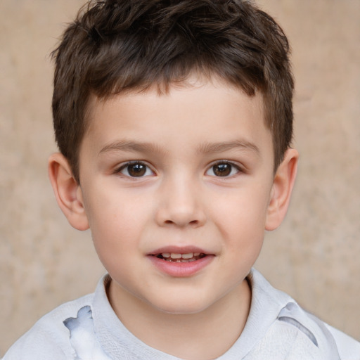 Joyful white child male with short  brown hair and brown eyes