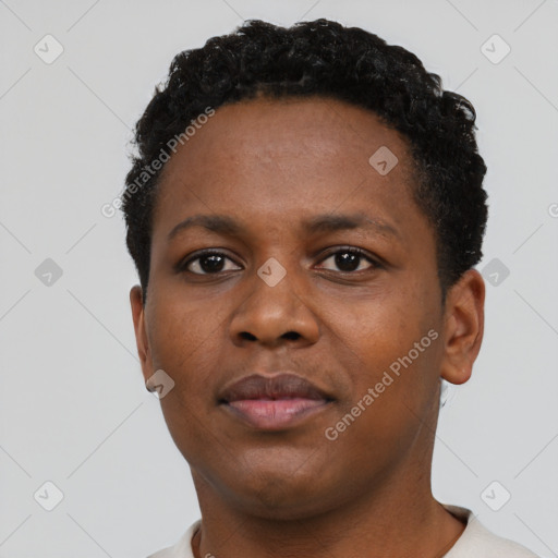 Neutral black young-adult female with short  black hair and brown eyes