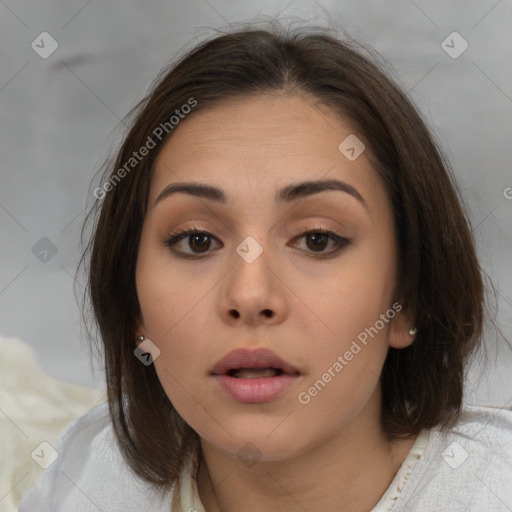 Neutral white young-adult female with medium  brown hair and brown eyes