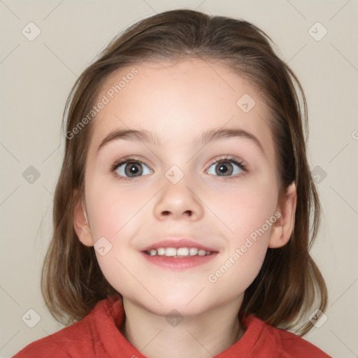 Joyful white child female with medium  brown hair and brown eyes