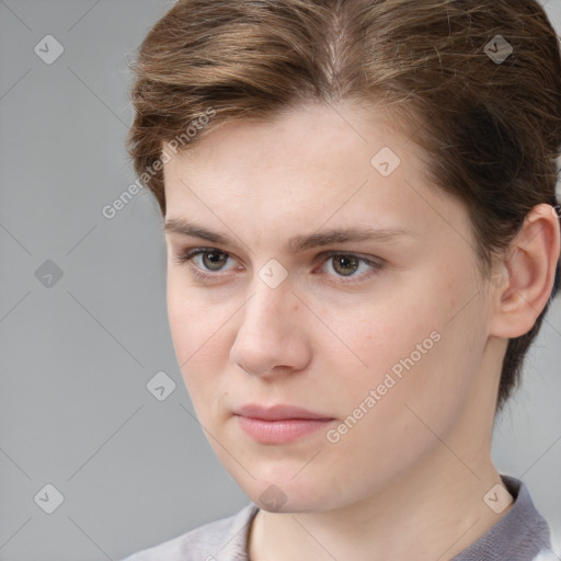 Neutral white young-adult female with medium  brown hair and brown eyes