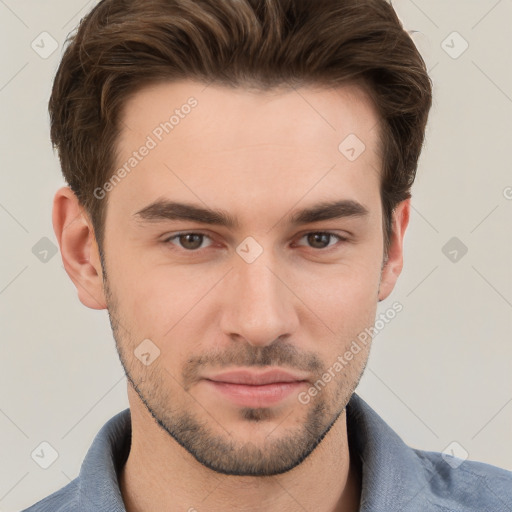 Neutral white young-adult male with short  brown hair and grey eyes