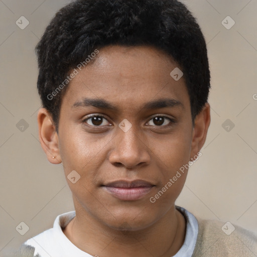 Joyful black young-adult male with short  brown hair and brown eyes