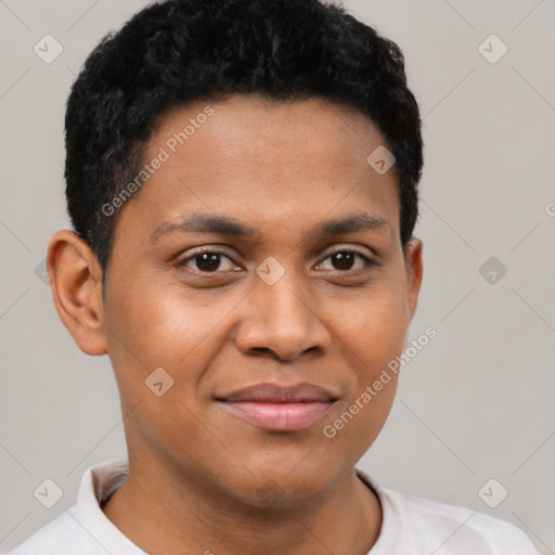 Joyful latino young-adult male with short  brown hair and brown eyes