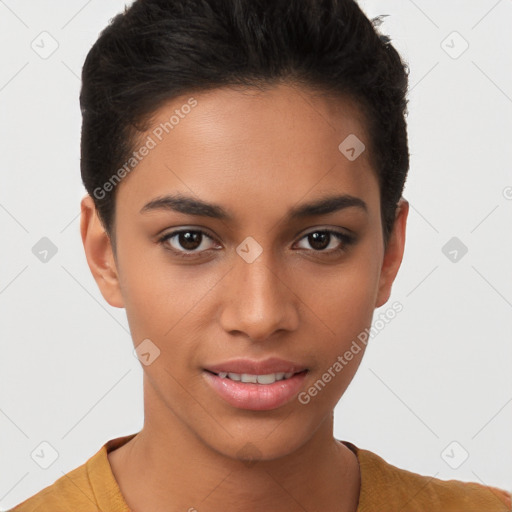 Joyful latino young-adult female with short  brown hair and brown eyes