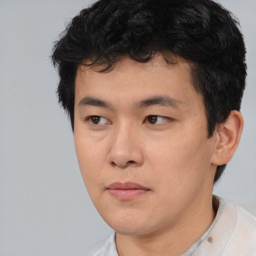 Neutral asian young-adult male with short  brown hair and brown eyes
