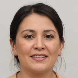 Joyful white adult female with medium  brown hair and brown eyes