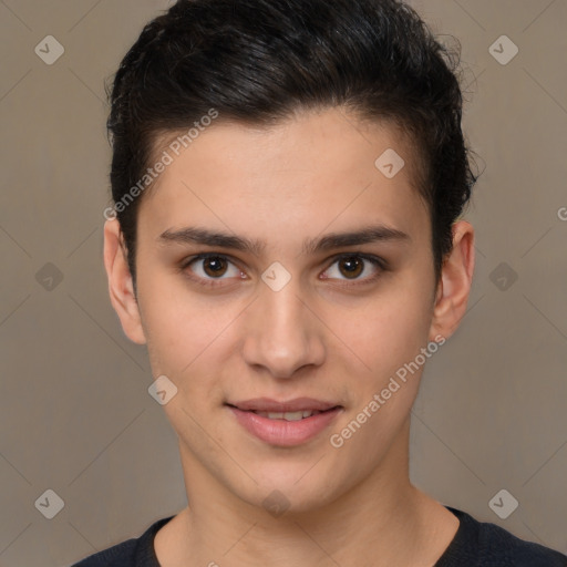 Joyful white young-adult female with short  brown hair and brown eyes