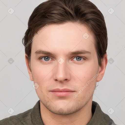 Neutral white young-adult male with short  brown hair and grey eyes