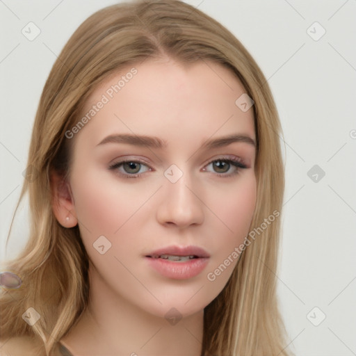 Neutral white young-adult female with long  brown hair and brown eyes