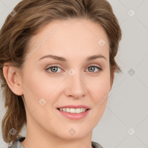 Joyful white young-adult female with medium  brown hair and blue eyes