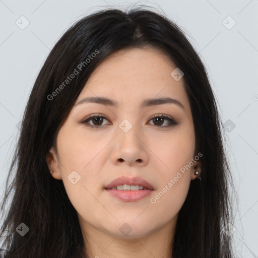 Joyful asian young-adult female with long  brown hair and brown eyes