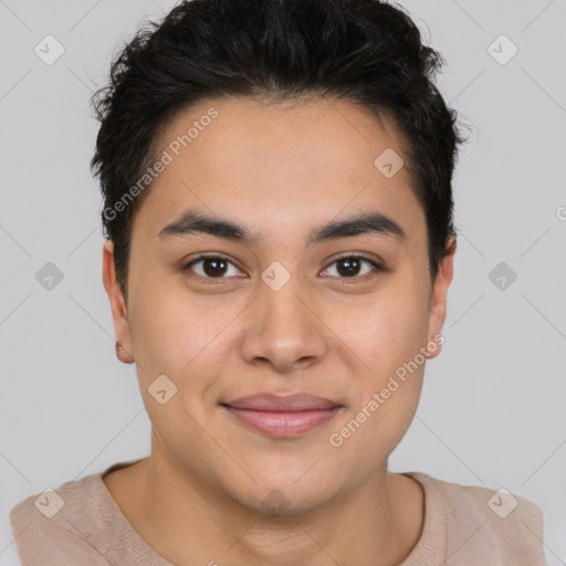 Joyful latino young-adult male with short  brown hair and brown eyes