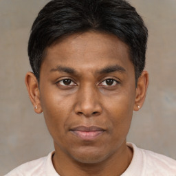 Joyful black young-adult male with short  brown hair and brown eyes