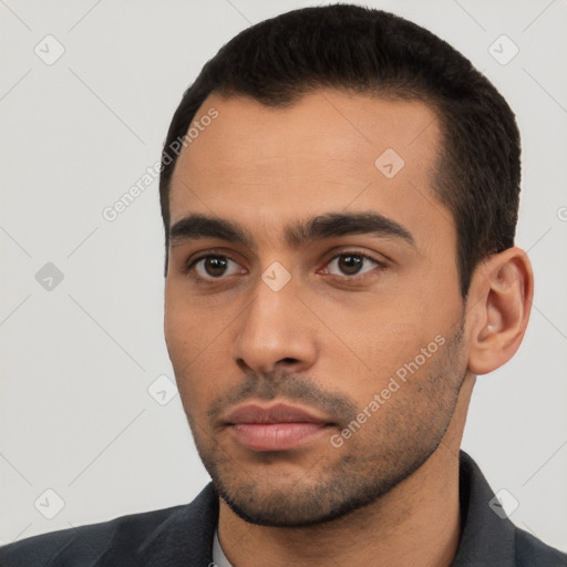 Neutral latino young-adult male with short  black hair and brown eyes