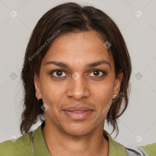 Joyful black young-adult female with medium  brown hair and brown eyes