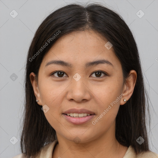 Joyful asian young-adult female with medium  brown hair and brown eyes